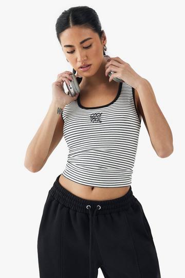 DSGN Square Script Embroidered Stripe Rib Tank Vest Top black