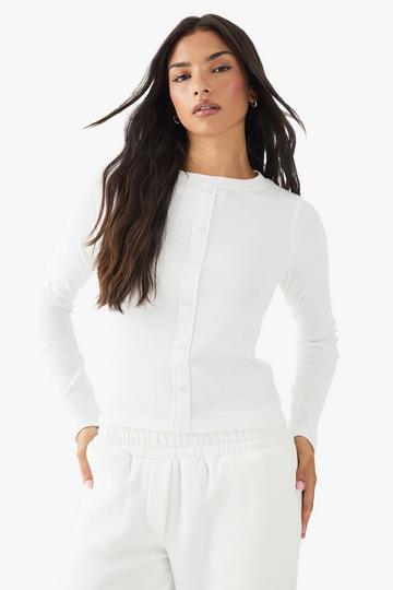 DSGN Studio Square Script Embroidered Rib Button Through Long Sleeve Top white