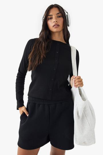 DSGN Studio Square Script Embroidered Rib Button Through Long Sleeve Top black