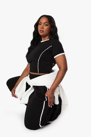 Plus Piping Detail T-shirt And Straight Leg Jogger Set black