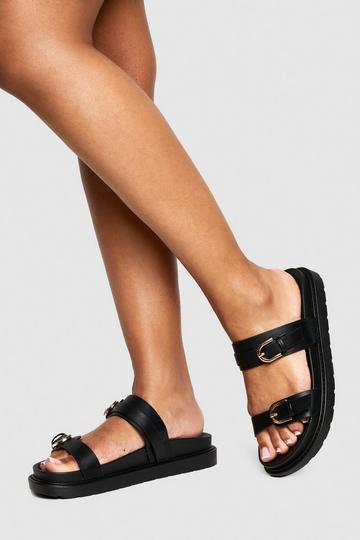 Double Buckle Detail Footbed Sliders black