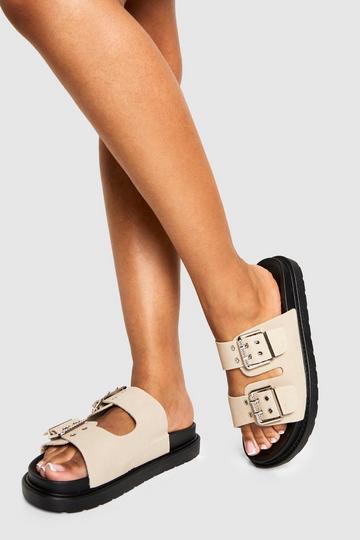 Double Buckle Eyelet Detail Footbed Sliders beige