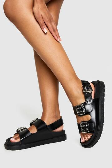 Double Buckle Strappy Chunky Sandals black