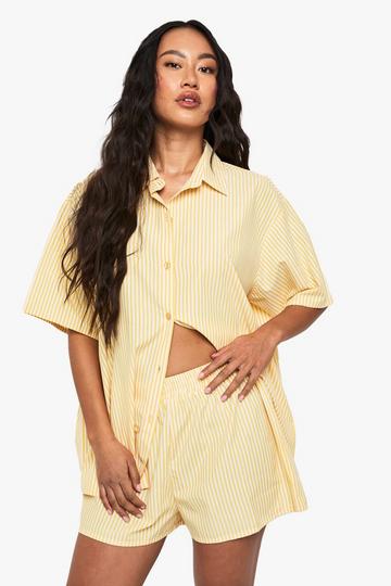 Oversized Katoenen Pyjama Blouse Met Krijtstrepen En Korte Mouwen lemon