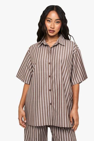 Oversized Katoenen Monochrome Gestreepte Pyjama Blouse Met Korte Mouwen chocolate