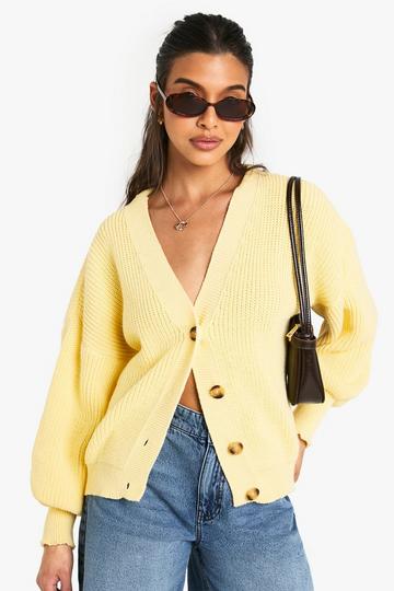 Balloon Sleeve Button Through Rib Cardigan lemon