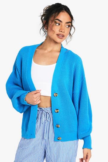 Balloon Sleeve Button Through Rib Cardigan blue