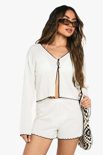 Beach Sheer Knit Floaty Short and Button Front Top Set cream