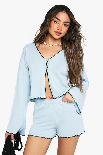 Beach Sheer Knit Floaty Short and Button Front Top Set baby blue