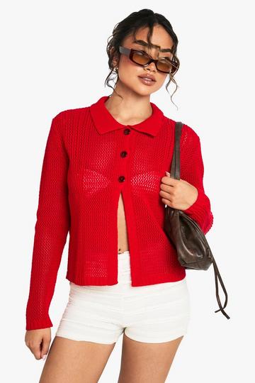 Crochet Knitted Button Through Collared Cardigan red
