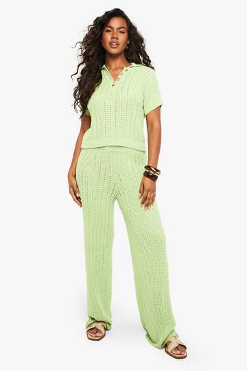 Chunky Beach Crochet Button Down Shirt and Wide Leg Trouser Co-Ord green