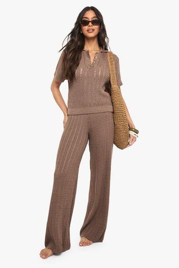 Gehaakte Strand Blouse Met Knopen En Wide Leg Broek Set hazelnut