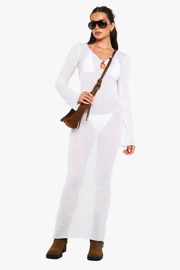 Beach Sheer Knit Gold Button Detail Maxi Dress off white