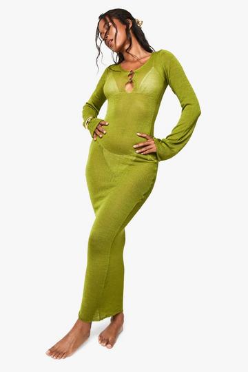 Beach Sheer Knit Gold Button Detail Maxi Dress olive