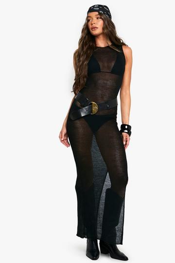 Beach Sheer Knit Racer Neck Maxi Dress black