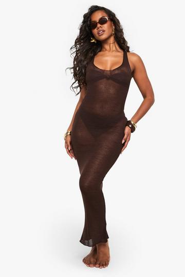 Beach Sheer Knit Twist Back Maxi Dress chocolate