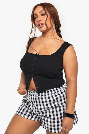 Plus Geribbelde Top Met Knopen En Vierkante Hals black