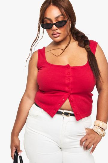Plus Geribbelde Top Met Knopen En Vierkante Hals red