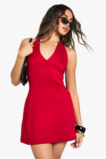 Halter Neck Sleeveless A Line Mini Dress red