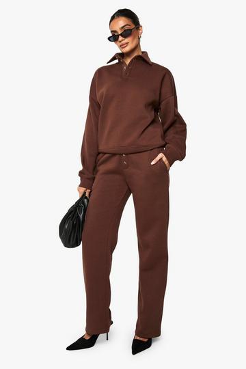 Button Detail Collared Sweatshirt & Straight Leg Jogger Tracksuit chocolate