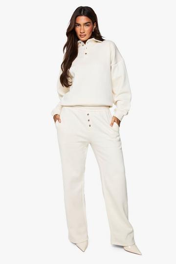 Button Detail Collared Sweatshirt & Straight Leg Jogger Tracksuit cream