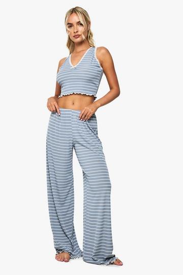 Gestreept Hemd Met Kanten Zoom En Wide Leg Pyjama Set blue