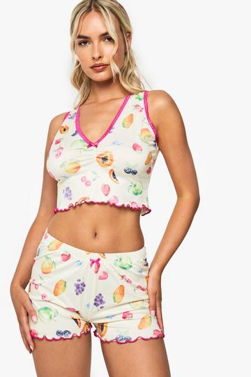 Pyjama Set Met Fruit Print Hemd Met Contrasterende Zoom En Shorts lemon