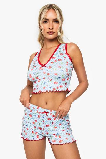 Contrast Trim Gingham Berry Print Vest & Shorts Pyjama Set blue