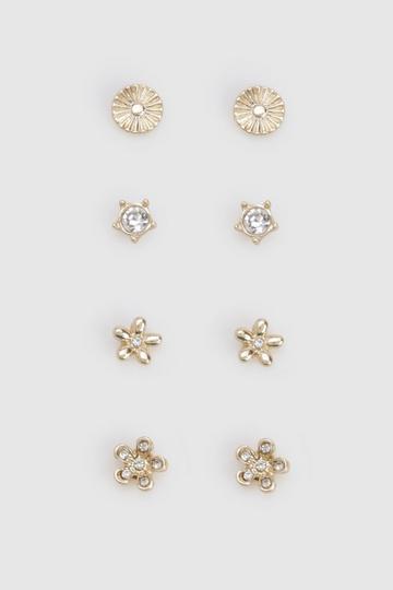 Oorknopjes Met Bloemen (4 Paar) gold