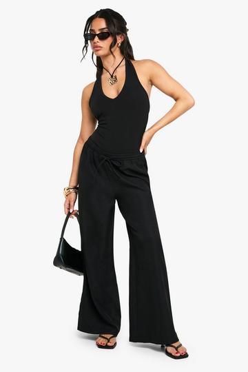 Petite Linen Look Wide Leg Trousers black