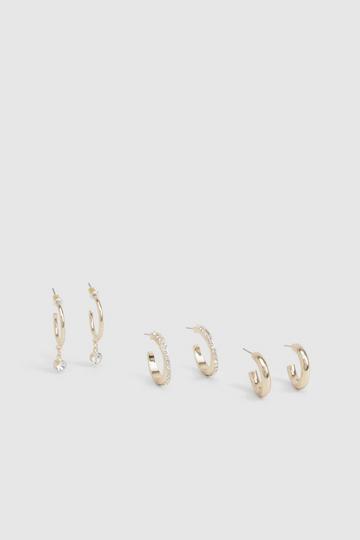 Diamante Detail 3 Pack Hoop Earrings gold