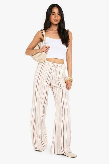 Stone Beige Woven Printed Stripe Straight Leg Trousers