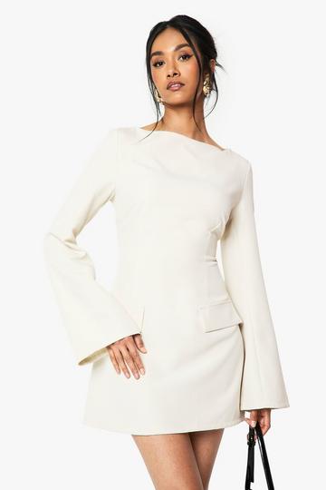 Long Sleeve Slash Neck Tailored Mini Dress ecru