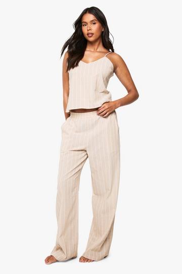 Katoenen Monochrome Pyjama Hemdje En Broek Met Krijtstrepen beige
