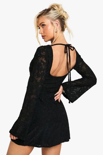 Burnout Floral Long Sleeve Scoop Back Mini Dress black
