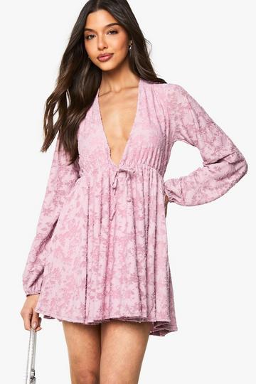 Floral Burnout Plunge Skater Mini Dress baby pink