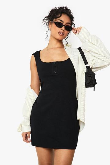 Rib Button Front Cap Sleeve Mini Dress black