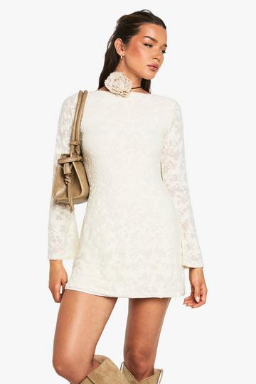 Burnout Floral Long Sleeve Scoop Back Mini Dress cream