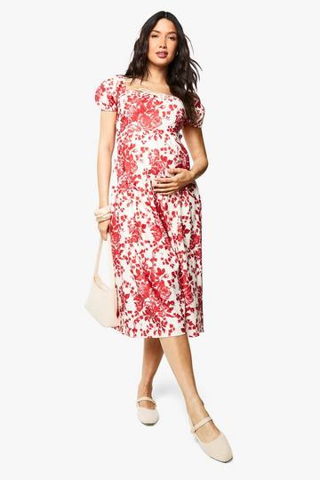 maternity floral milkmaid midi dress red