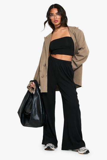 Petite Boohoo Basics Rib Straight Leg Trouser black