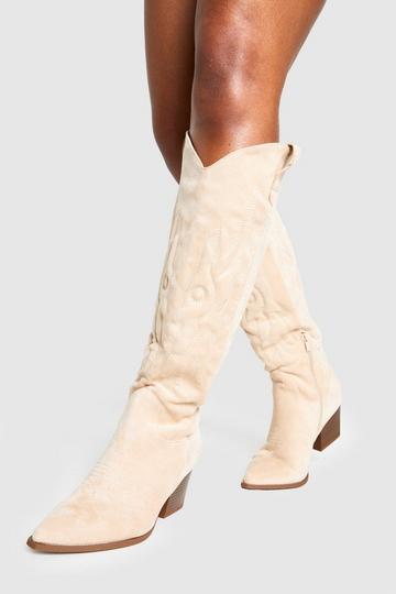 Knee High Embroidered Western Boots beige