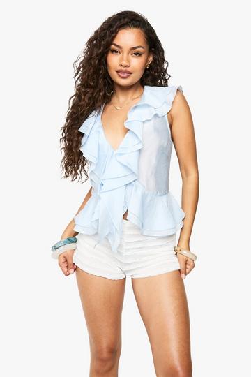 Blouse volantée sans manches baby blue