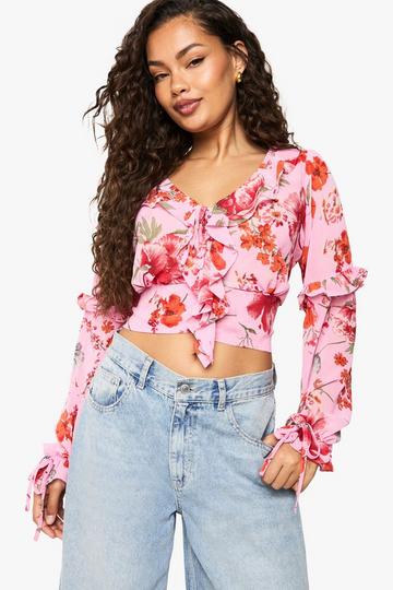 Floral Print Ruffle Crop Blouse pink