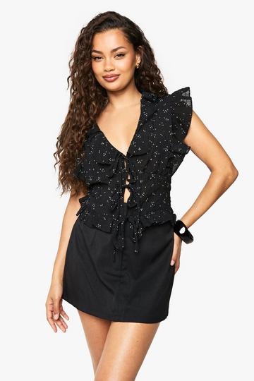 Ruffle Floral Print Tie Front Blouse black
