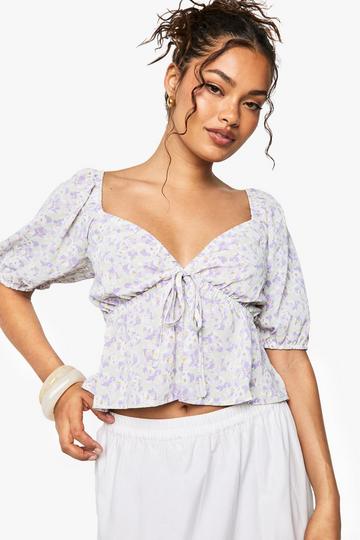 Lila Violet Geweven Gesmokte Bloemen Top Met Pofmouwen