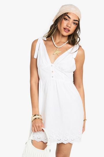 Broderie Strappy Tie Detail Mini Dress white