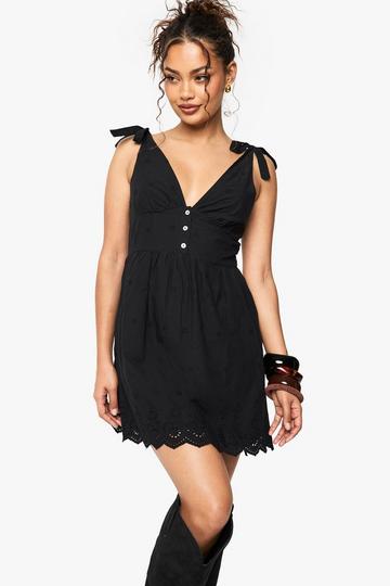 Broderie Strappy Tie Detail Mini Dress black