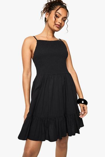 Shirred Textured Tiered Smock Mini Dress black