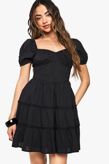 Cotton Tiered Puff Sleeve Smock Mini Dress black