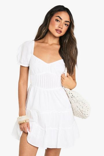 Cotton Tiered Puff Sleeve Smock Mini Dress white